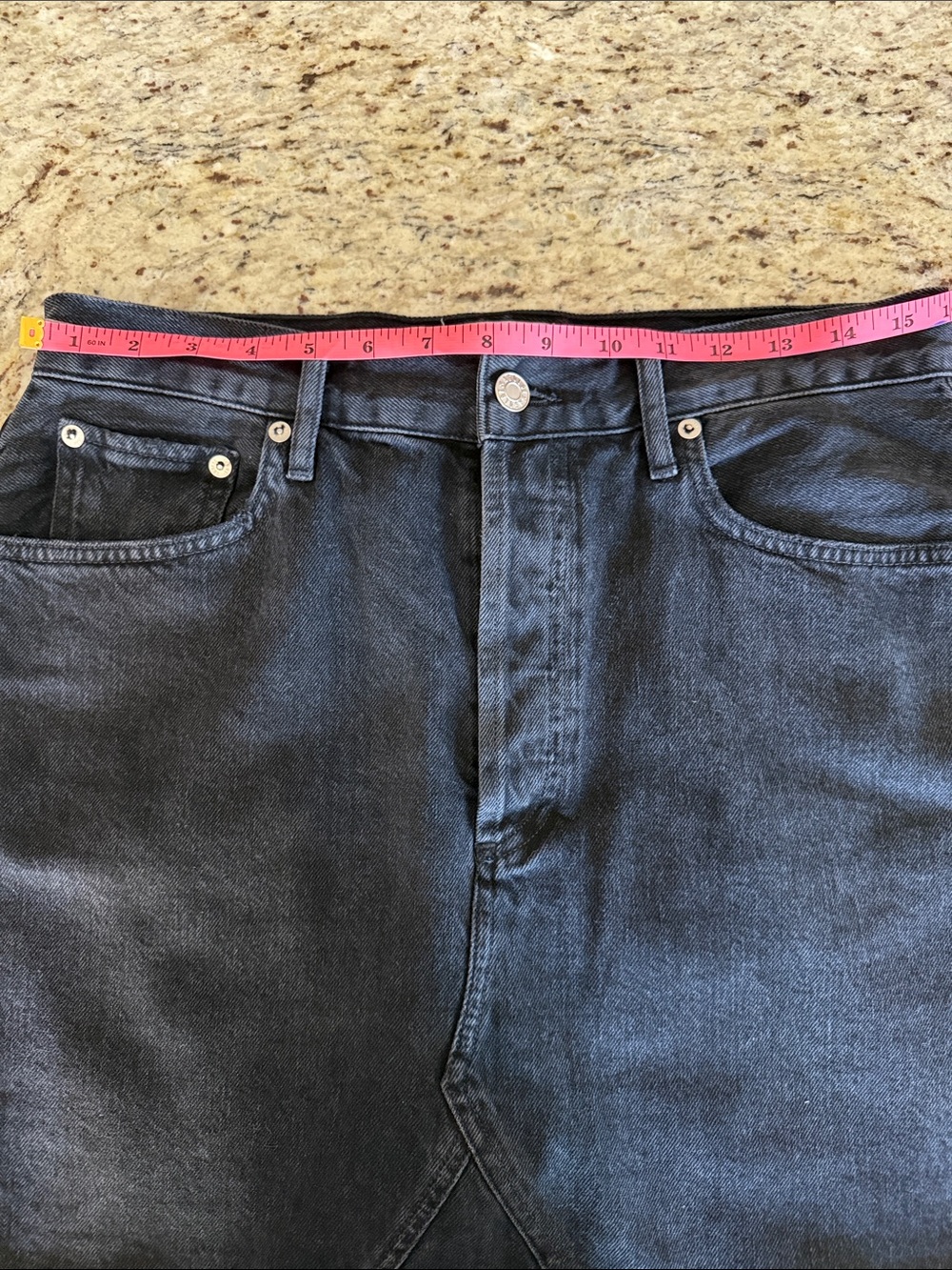 Agolde Mini Skirt Black Denim High Rise Raw Hem Button Front & 5 Pockets Sz 29 - Picture 8 of 9